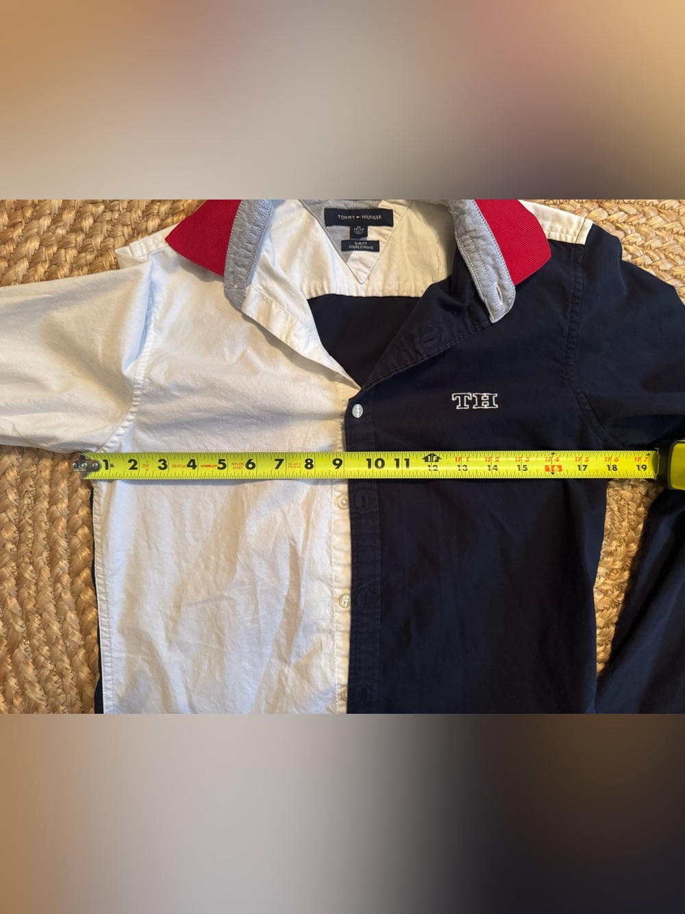 Tommy Hilfiger Men’s Colorblock Button Up Shirt XS Slim Fit Navy White Red - Picture 7 of 8